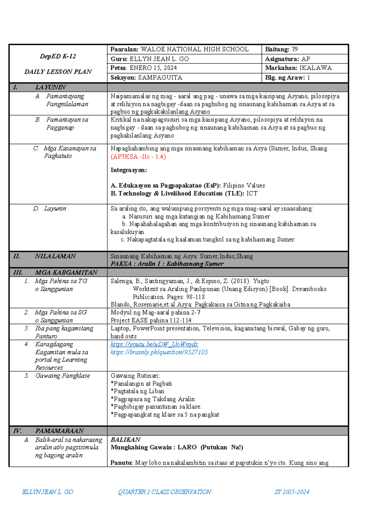 AP7 Q2 LessonPLANFORCOT DepED K DAILY LESSON PLAN Paaralan WALOE