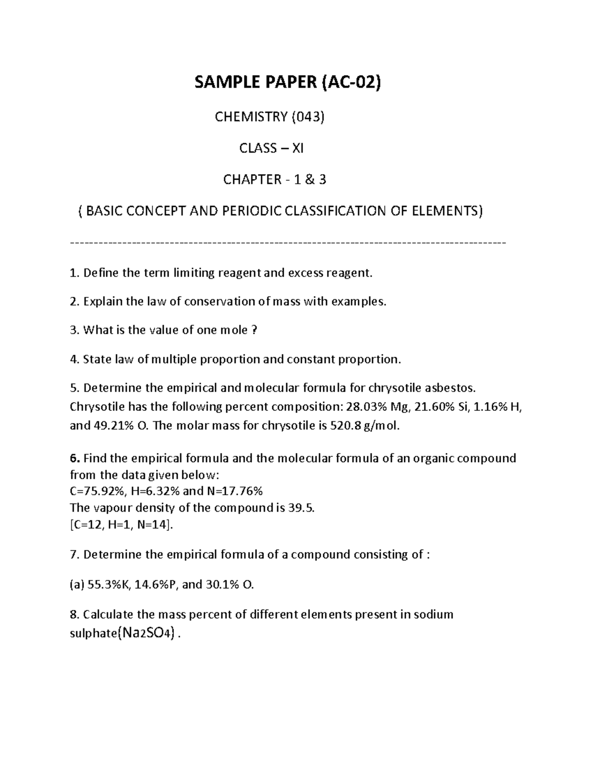 Class XI ( AC-2) - NOTE - SAMPLE PAPER (AC-02) CHEMISTRY (043) CLASS ...