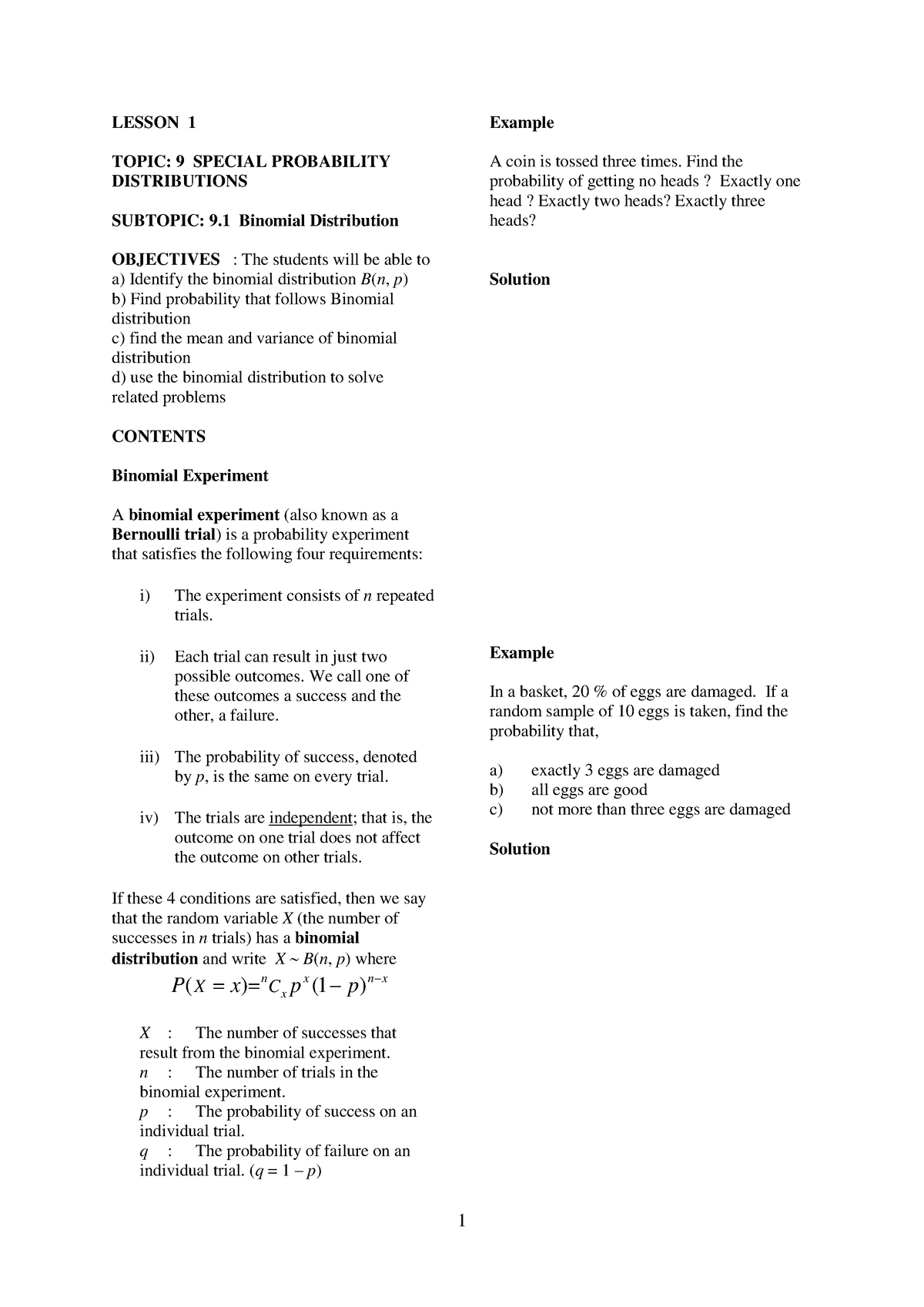 Topic 9 AM025 - LESSON 1 TOPIC: 9 SPECIAL PROBABILITY DISTRIBUTIONS ...