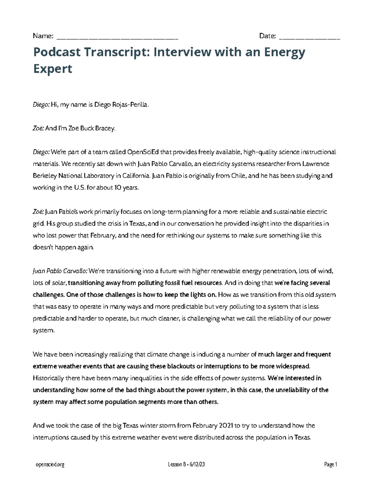 P 1 lesson 8d1 handout podcast transcript interview name