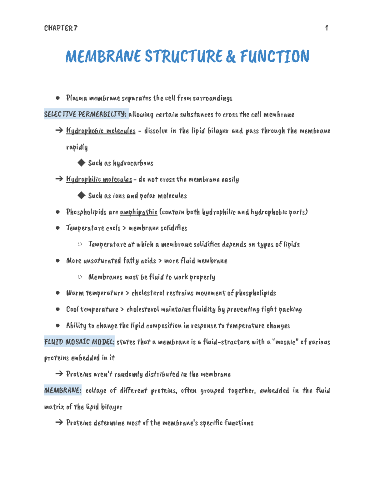 Chapter 7 Notes - Membrane Structure and Function - MEĈóR󰁝Ćç ñTöUíTèöç ...
