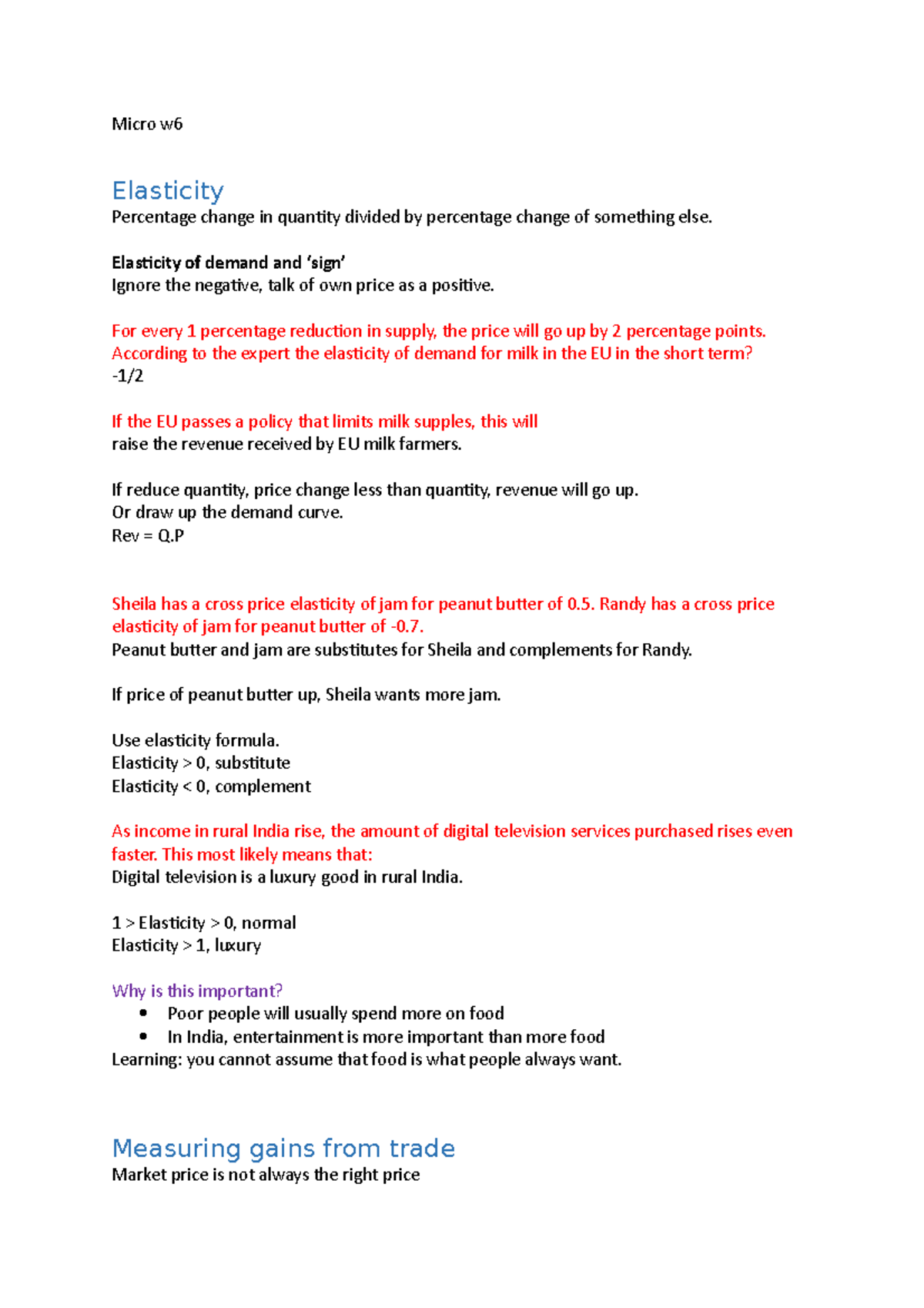 Micro w6 - summary of content in week 6 - Micro w6 Elasticity ...