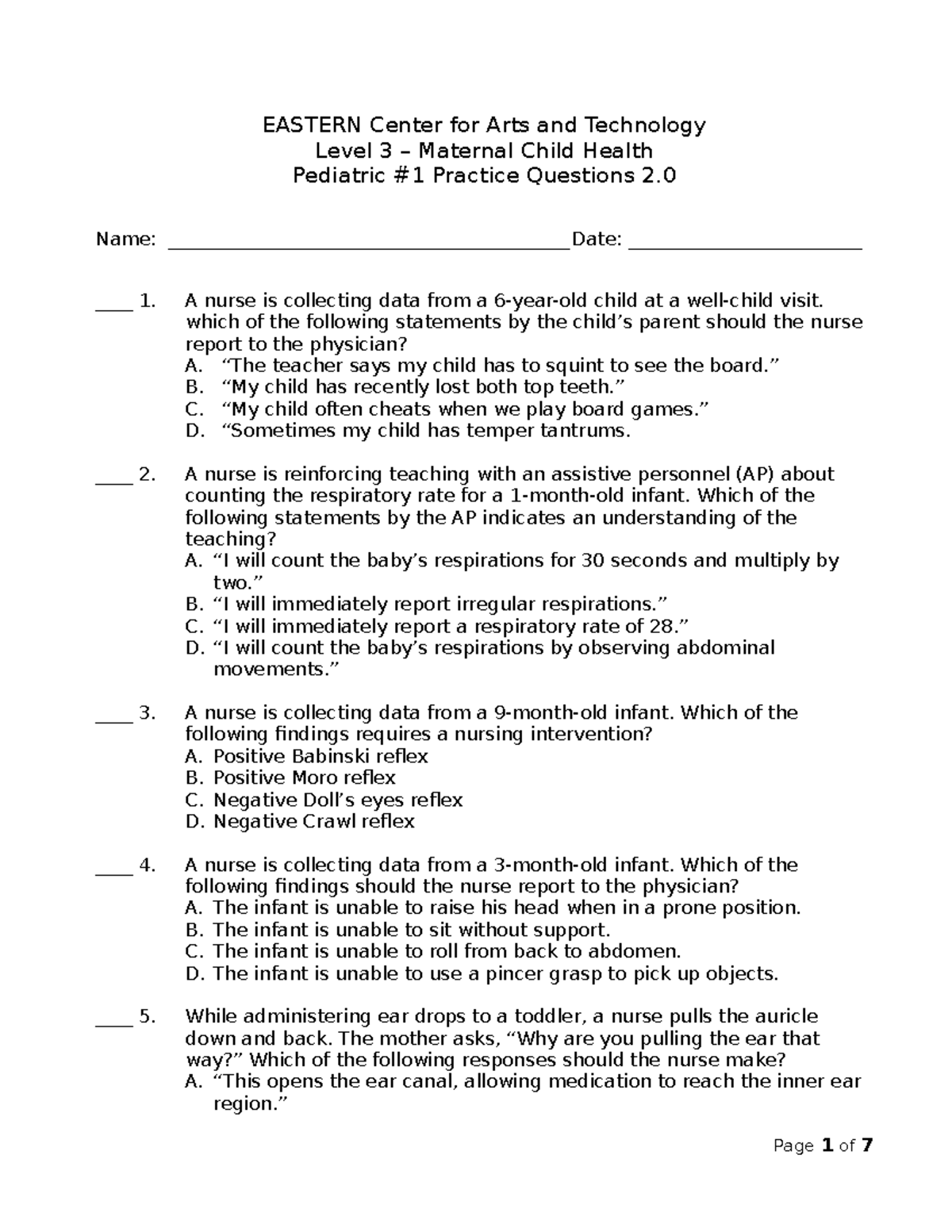 Pediatrics #1 Practice Questions 2 - EASTERN Center for Arts and ...