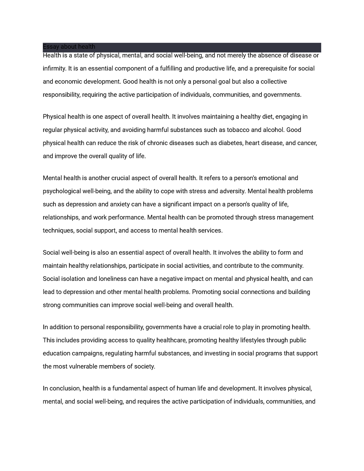 essay about health center