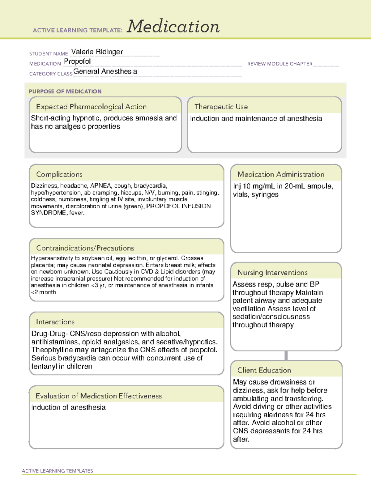 Medication Propofol ACTIVE LEARNING TEMPLATES Medication STUDENT NAME