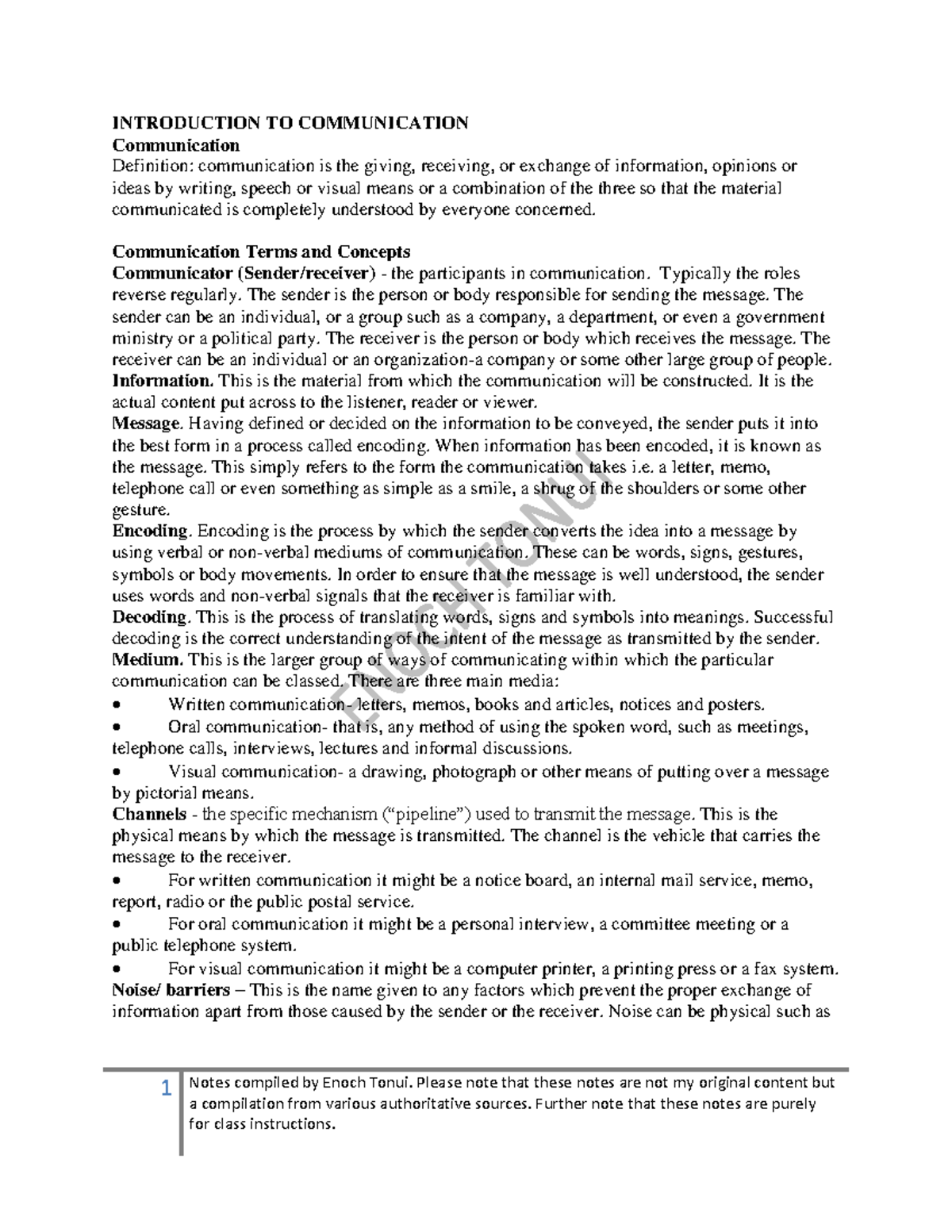 Comms skills - 1 Notes compiled by Enoch Tonui. Please note that these ...