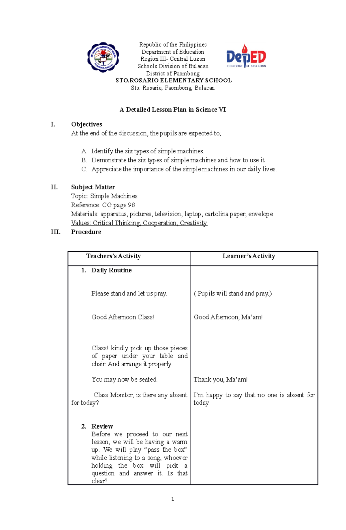 Lesson Plan in Science VI - Republic of the Philippines Department of ...