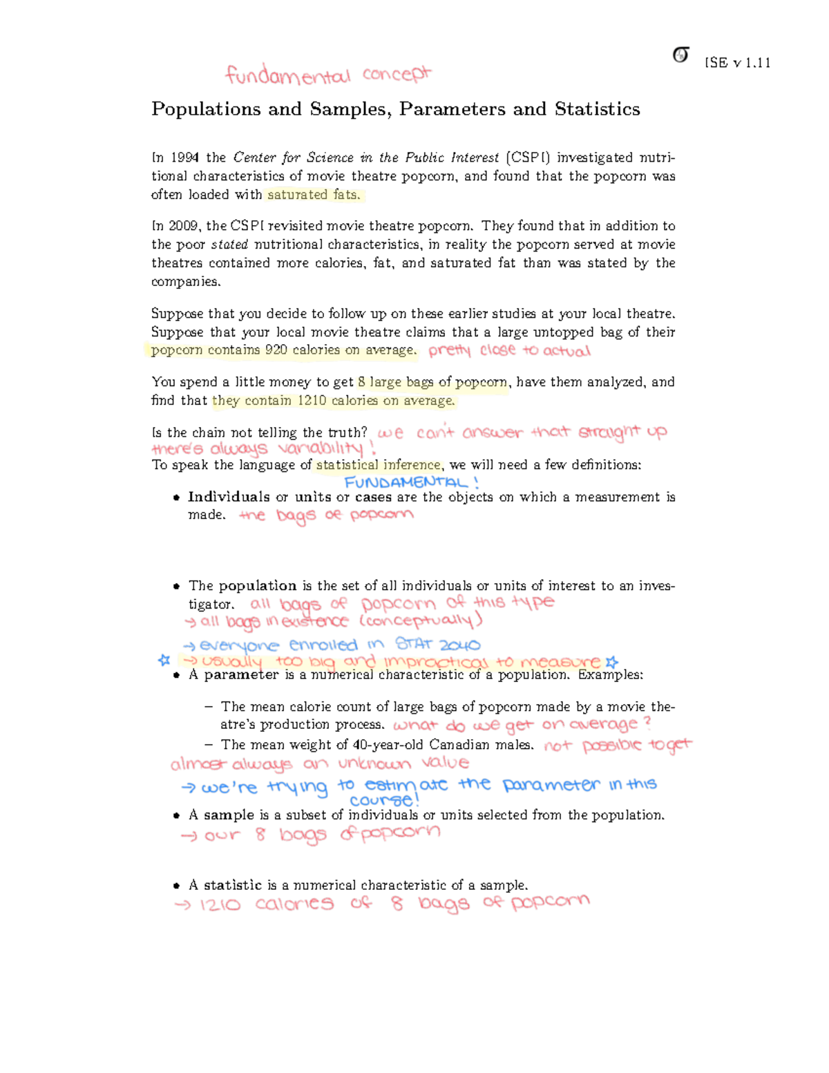 1. Gathering data - Lecture notes - Populations and Samples, Parameters ...