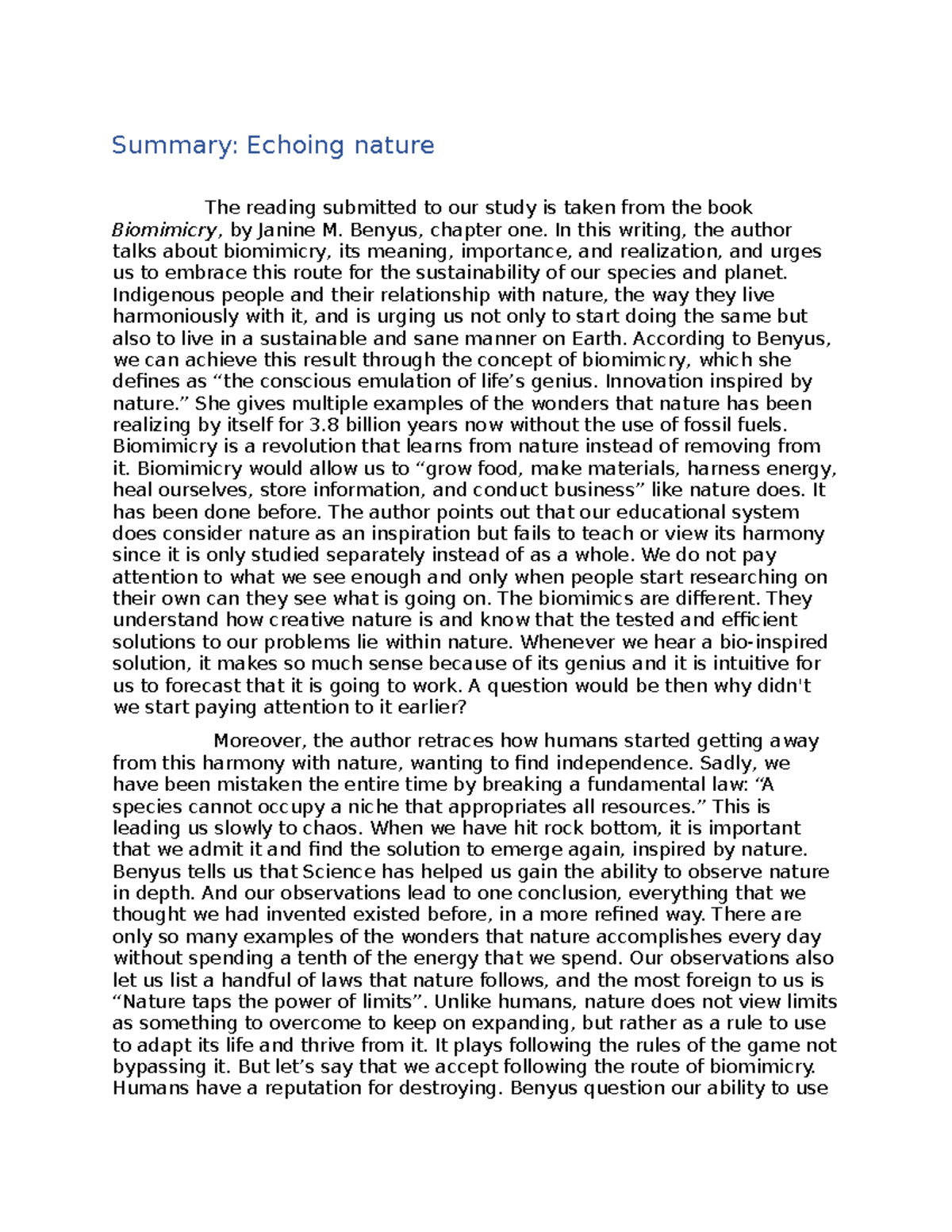 Summary 1 - CHAPTER 1 - Summary: Echoing nature The reading submitted ...