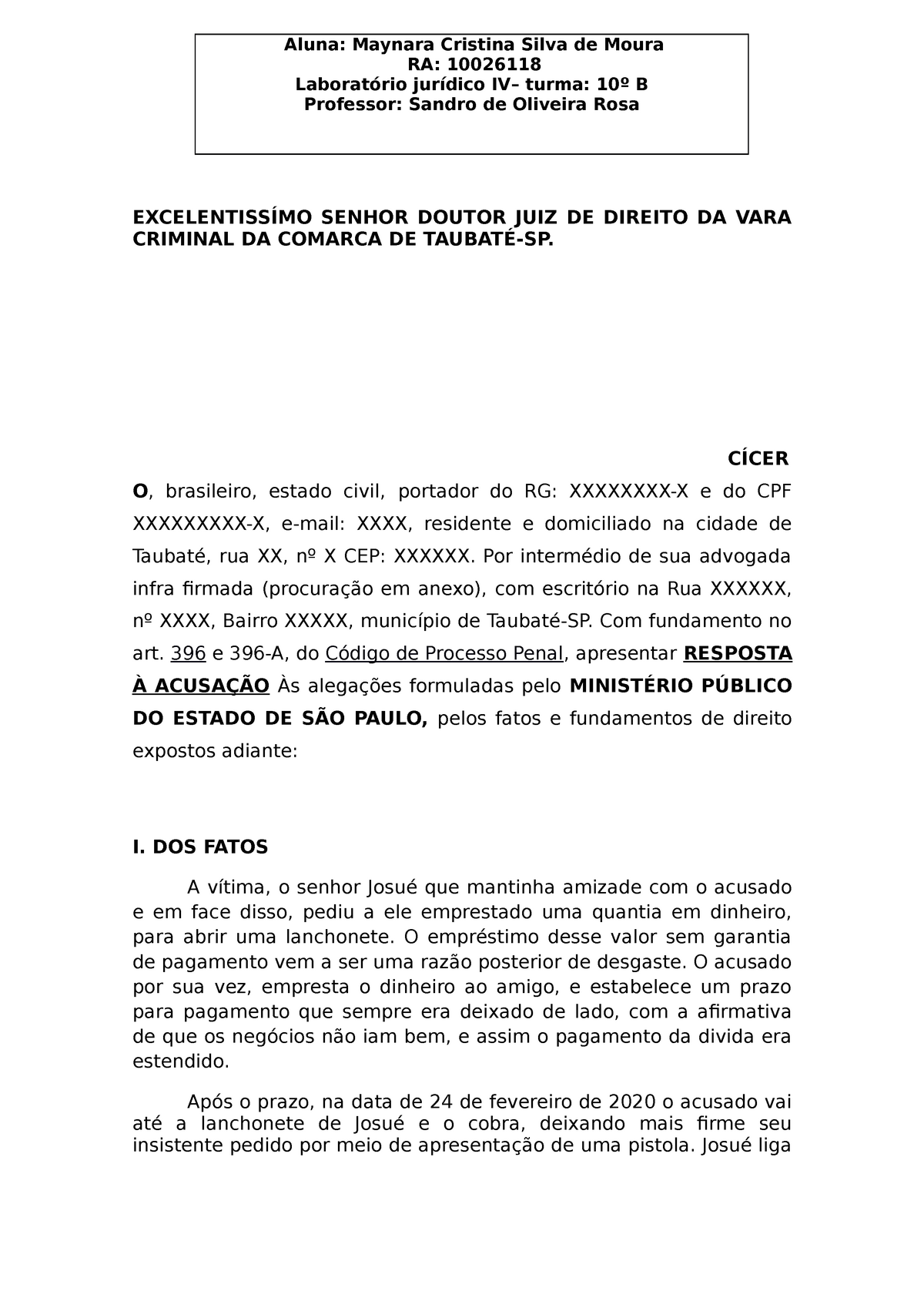 Resposta A Acusação Peça 3 ExcelentissÍmo Senhor Doutor Juiz De Direito Da Vara Criminal Da 9716