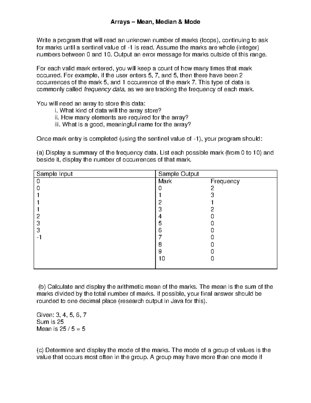 Arrays - Mean Median Mode assignment - Arrays – Mean, Median & Mode ...