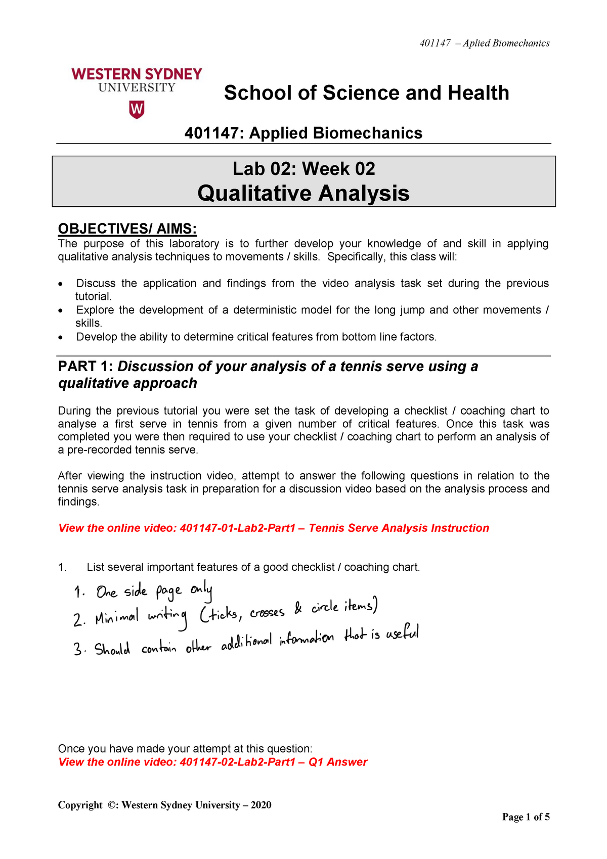 Week 2 Tutorial: Qualitative Analysis (Answers) - Copyright ©: Western ...