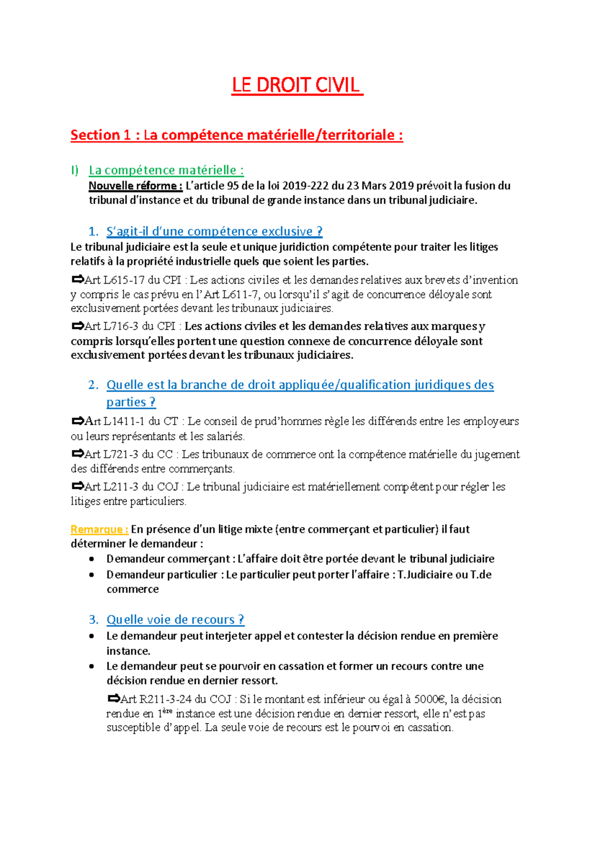 LE Droit Civil LE DROIT CIVIL Section 1 La compétence matérielle