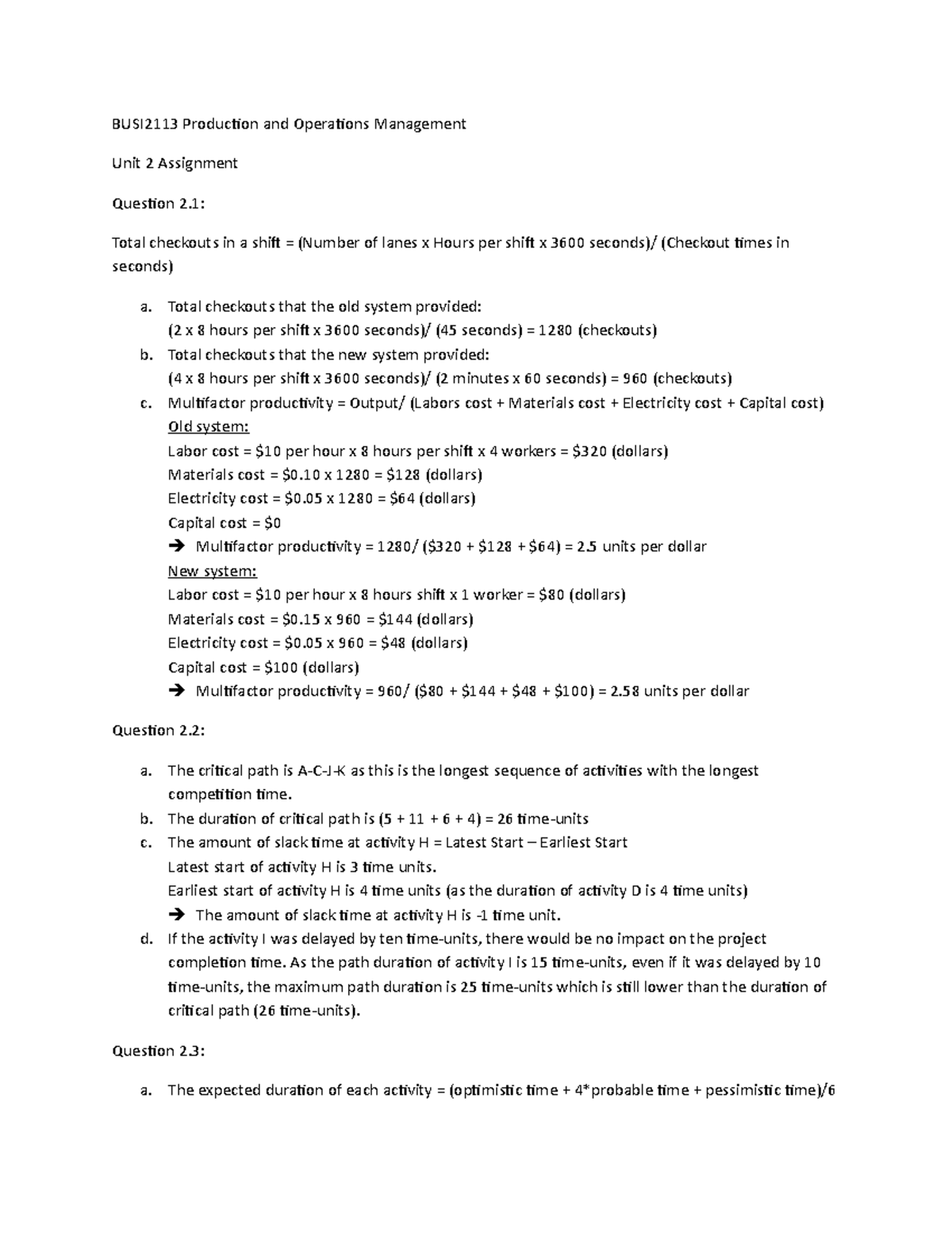 production and operations management assignment answers