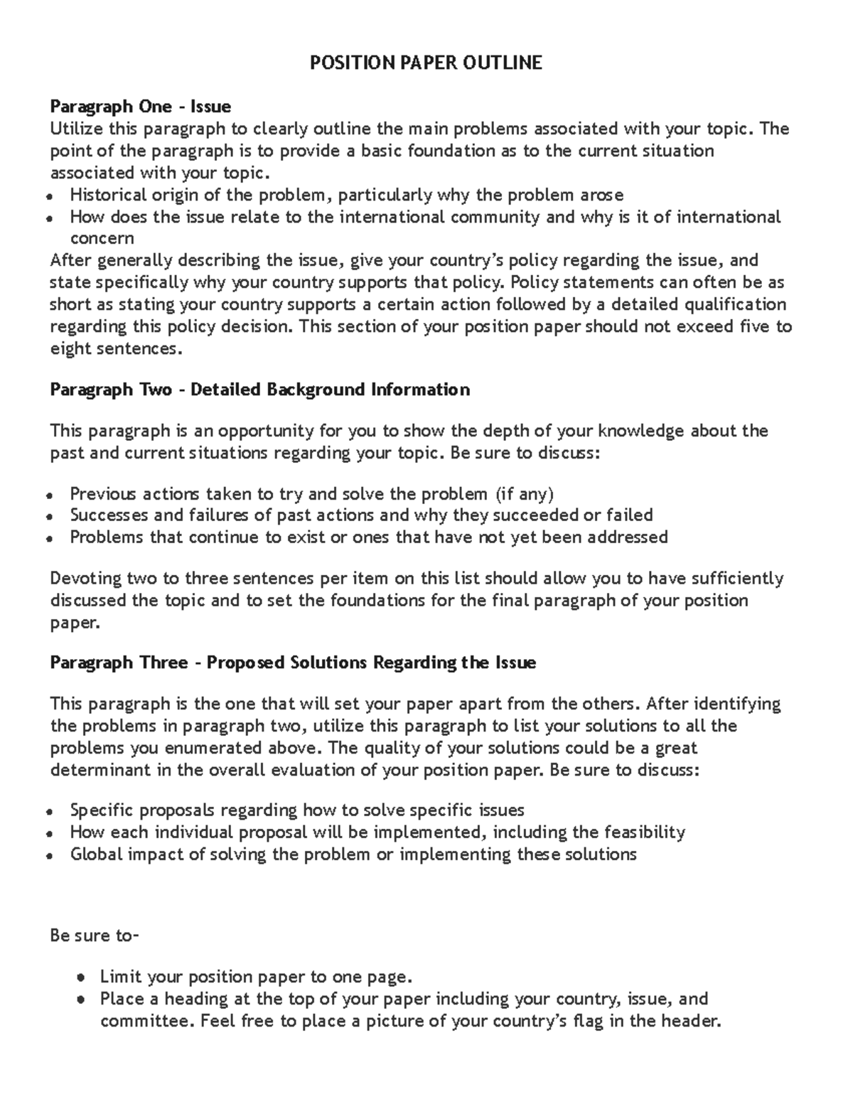 Position Paper Outline - POSITION PAPER OUTLINE Paragraph One – Issue ...