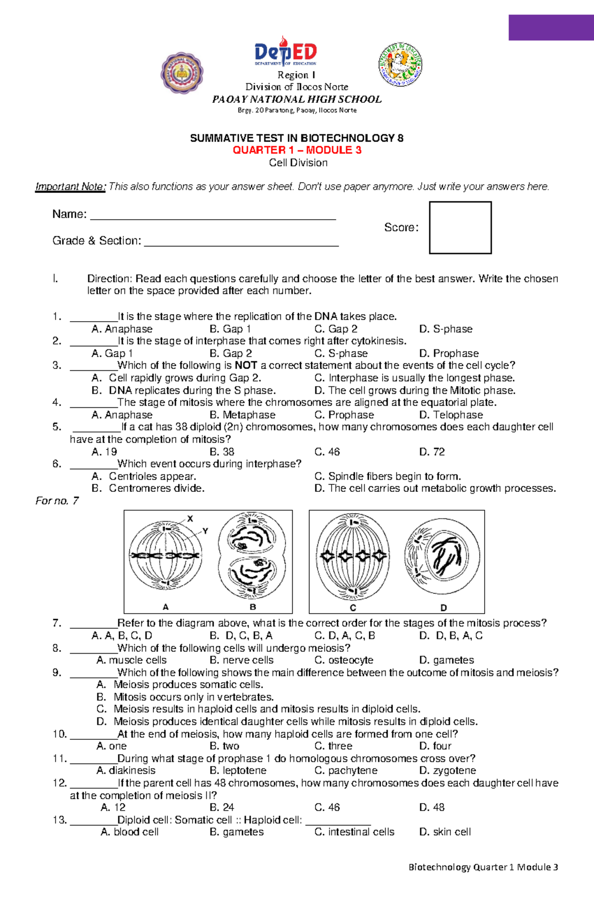 Biotech Summative TEST M3 - Region 1 Division of Ilocos Norte PAOAY ...