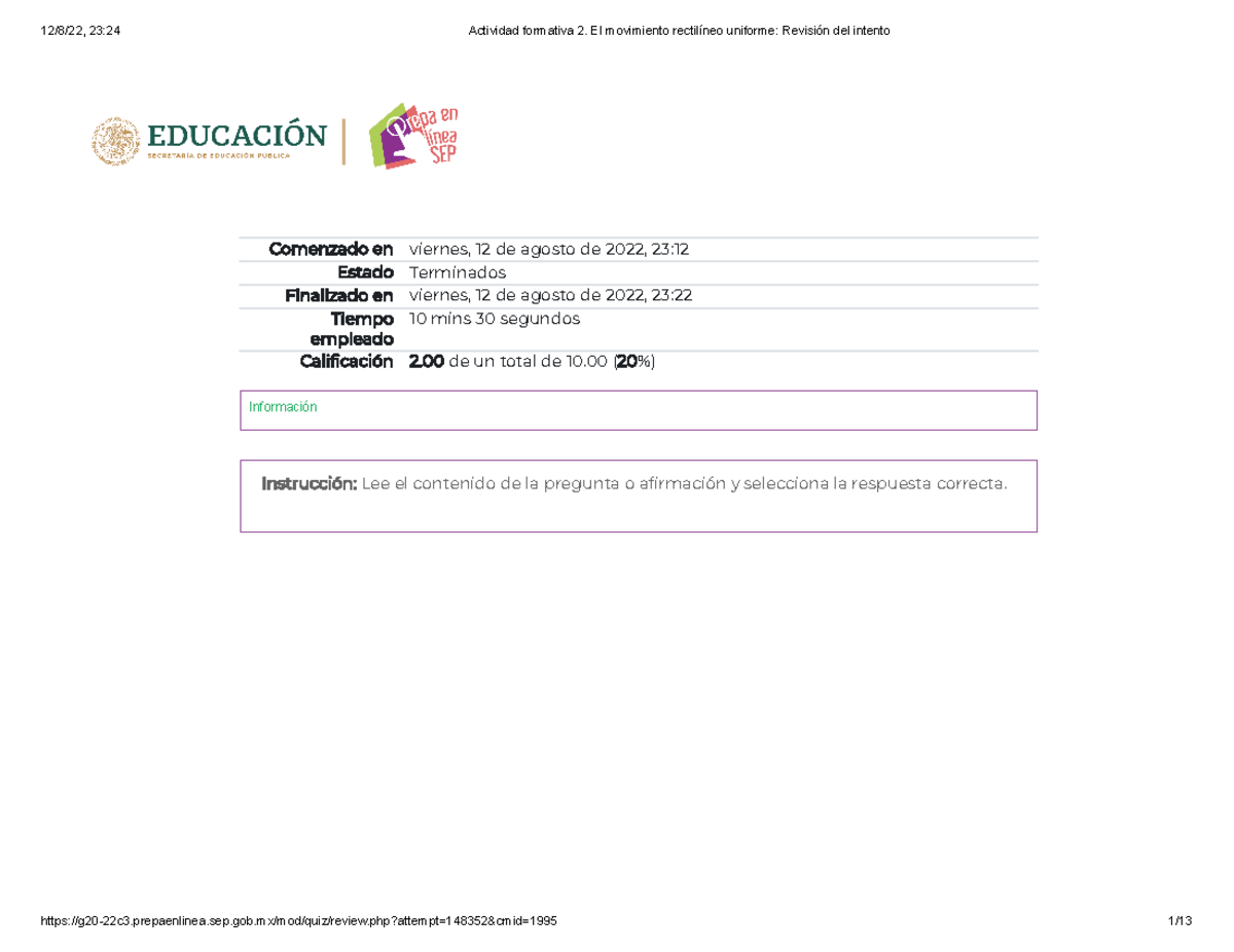 Actividad formativa 2. El movimiento rectilíneo uniforme Revisión del