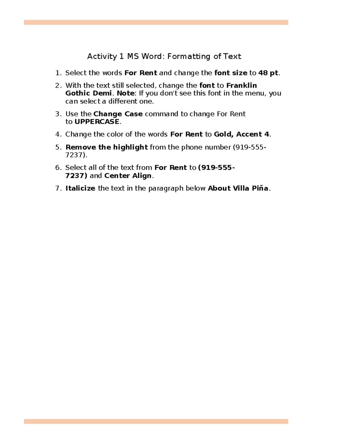 Activity 1 MS Word formatting of text - Activity 1 MS Word: Formatting ...