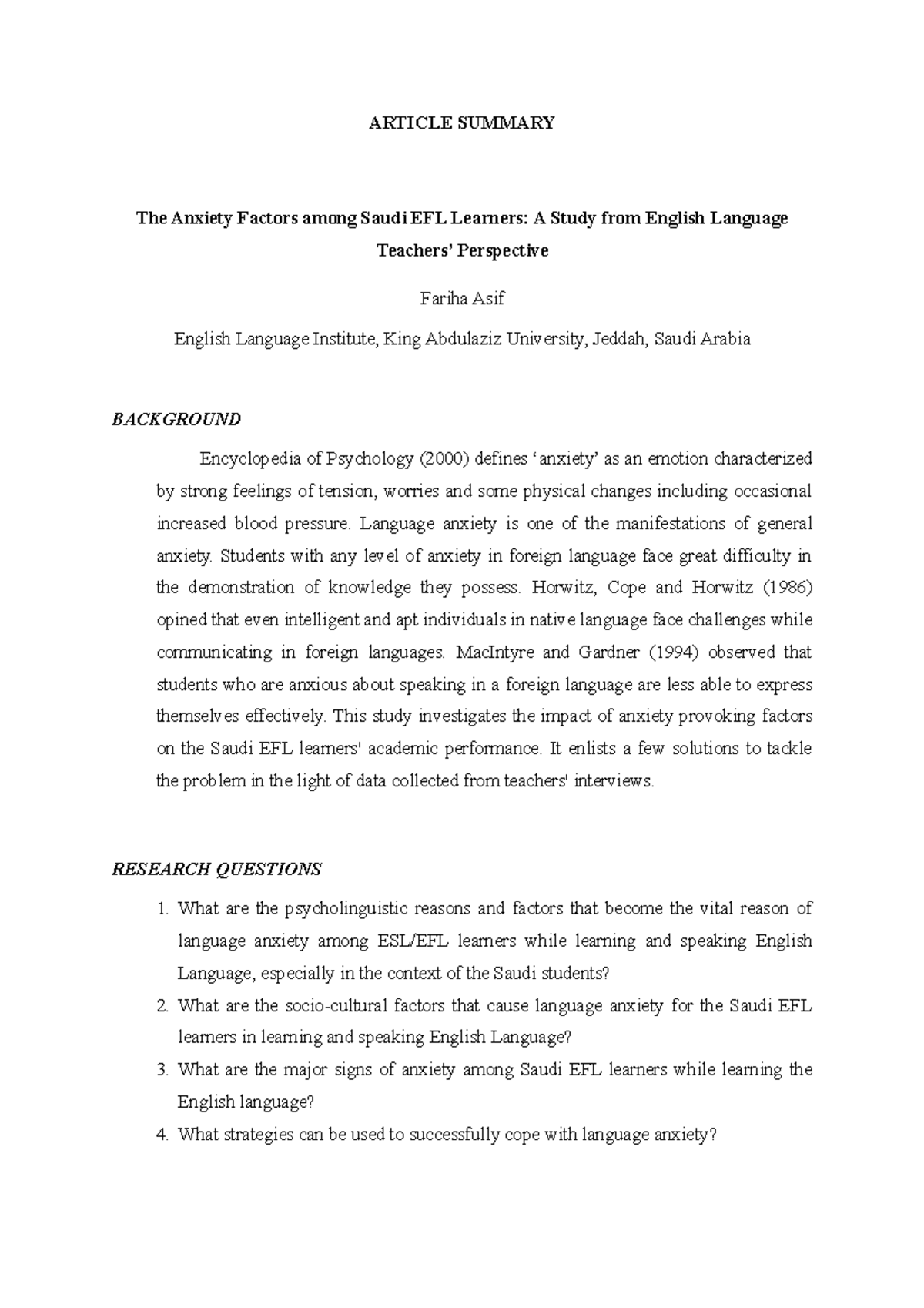 The Anxiety Factors among Saudi EFL Learners A Study from English ...