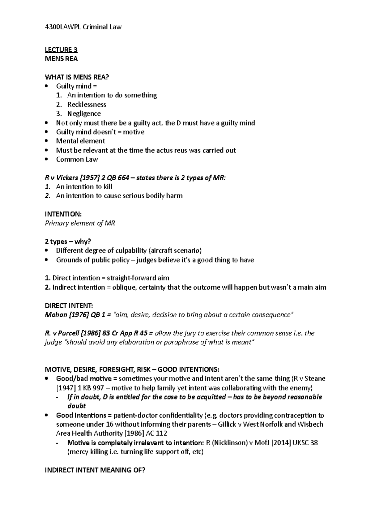 Lecture 3 Mens Rea LECTURE 3 MENS REA WHAT IS MENS REA? Guilty mind