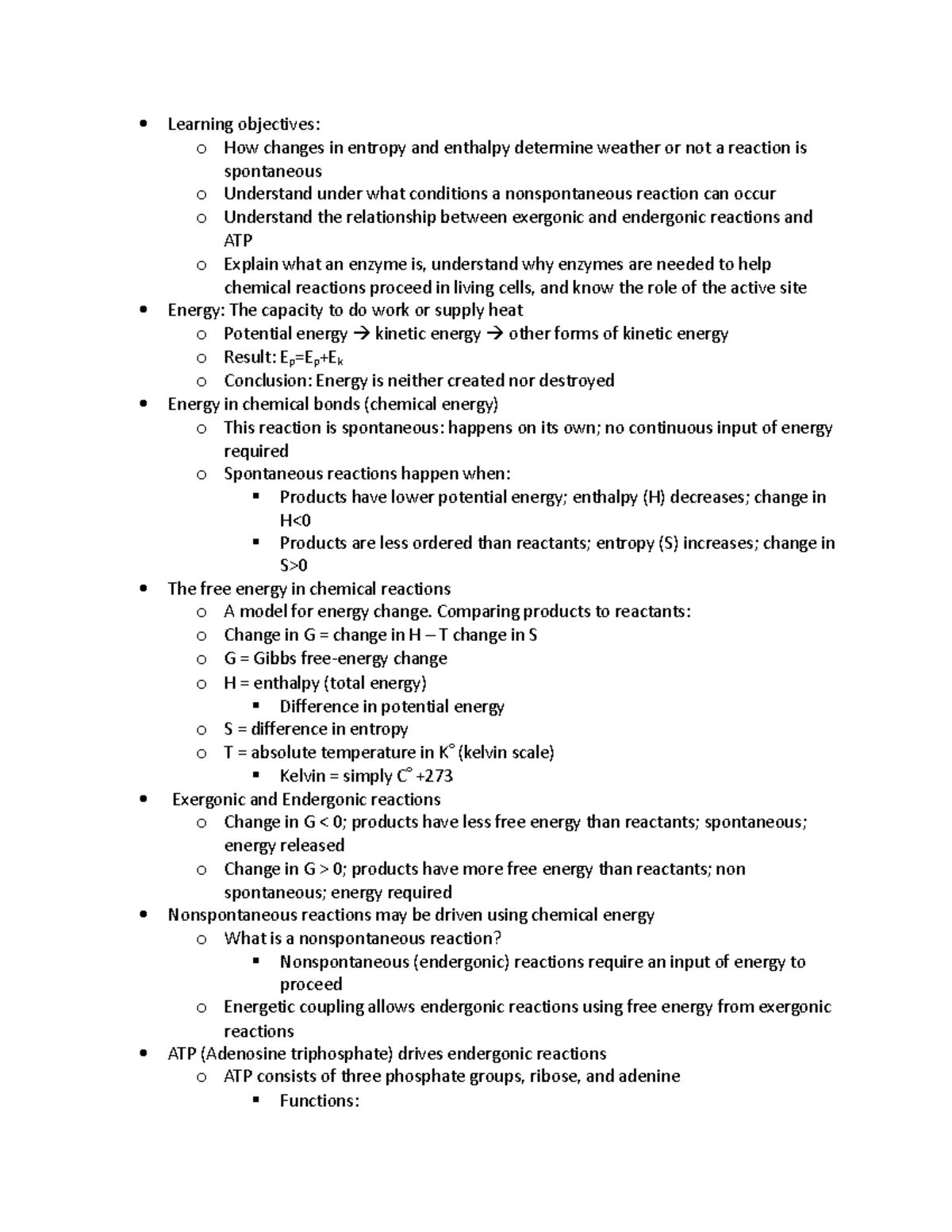 Bio 211-Engergy and Enzymes - Learning objectives: o How changes in ...