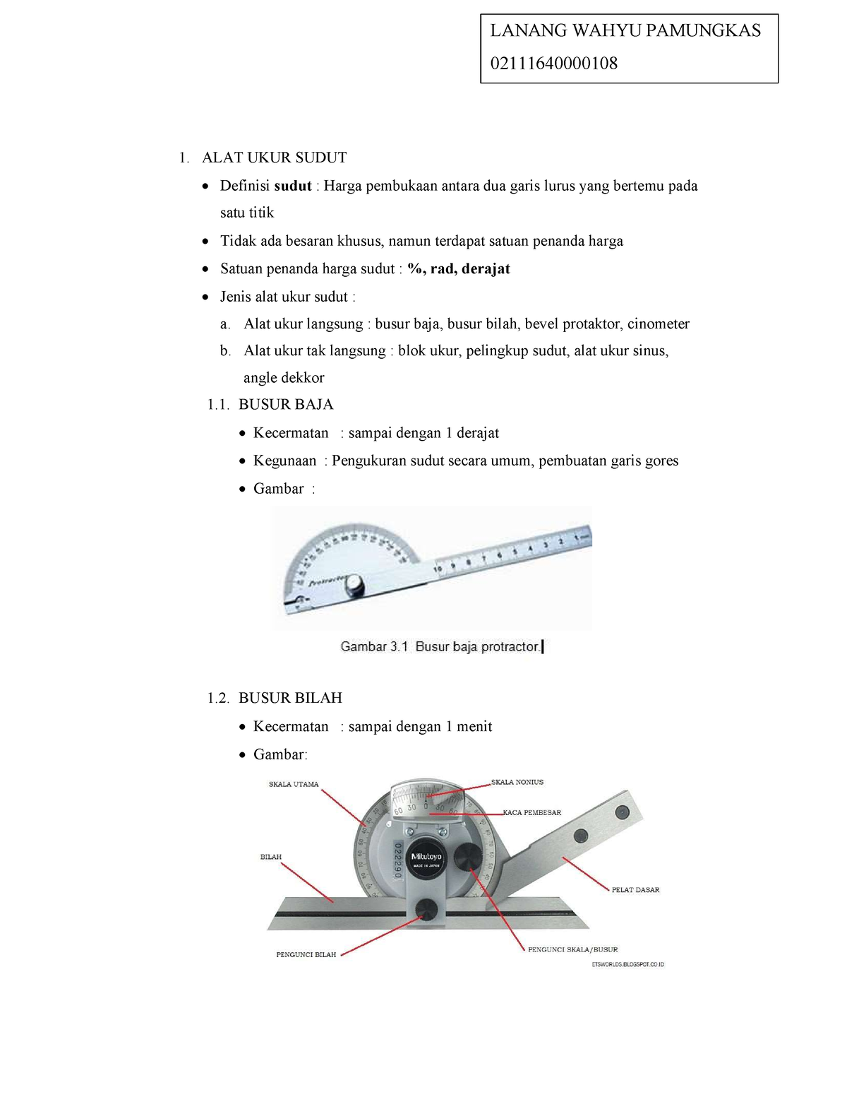 Rangkuman Alat Ukur - 1. ALAT UKUR SUDUT Definisi Sudut : Harga ...