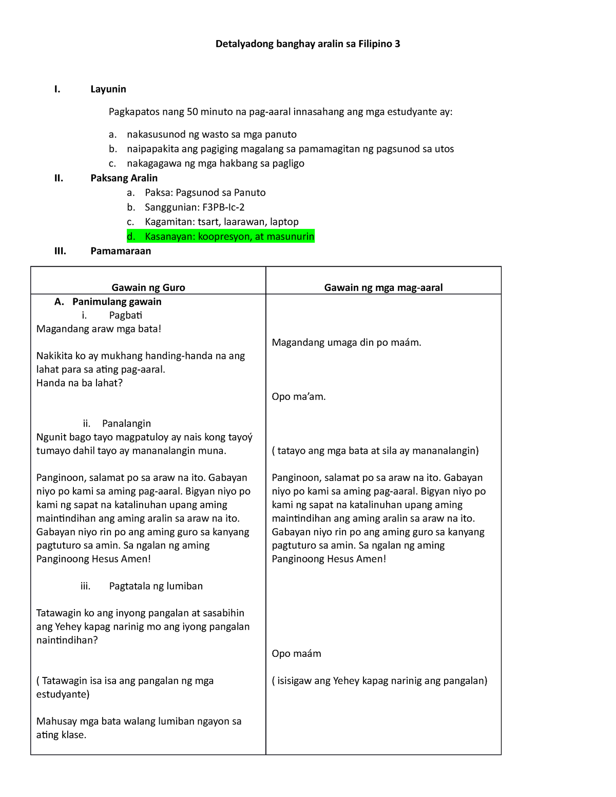 Detalyadong Banghay Aralin Sa Filipino 3LEESON PLAN - Detalyadong ...