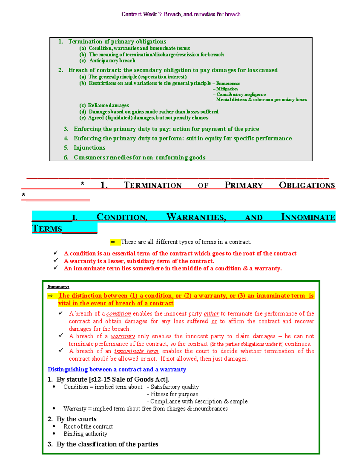 . Breach, and remedies for breach Termination of primary obligations