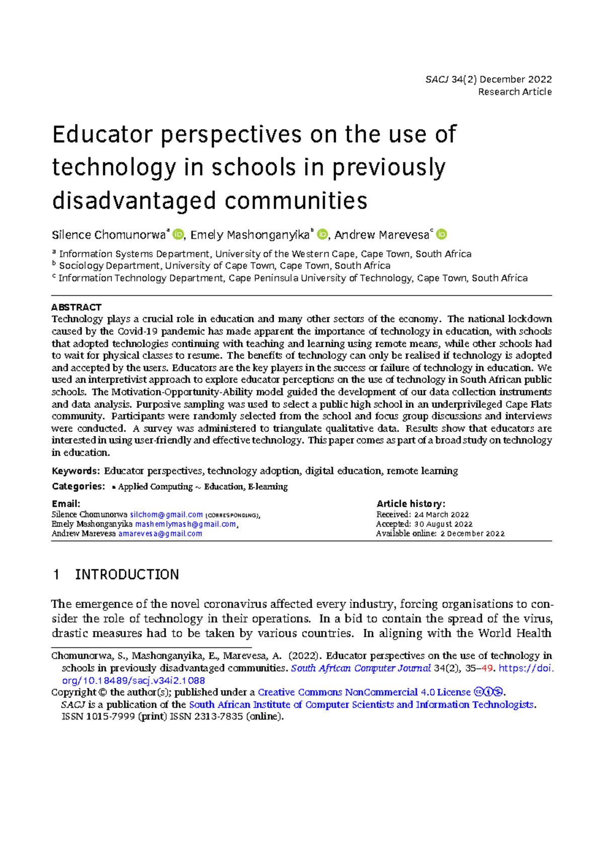 Challenges of Technology IN Disdavantaged - SACJ 34(2) December 2022 ...