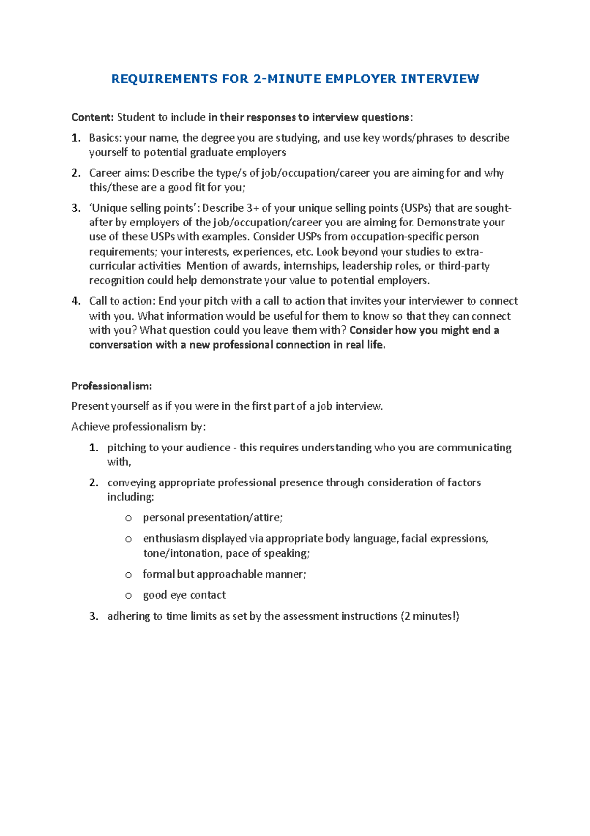 Interview Expectations FOR Students - REQUIREMENTS FOR 2-MINUTE ...