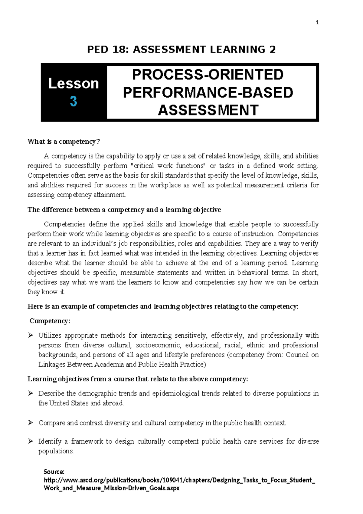 Content of PED 184 - PED 18: ASSESSMENT LEARNING 2 Lesson 3 PROCESS ...