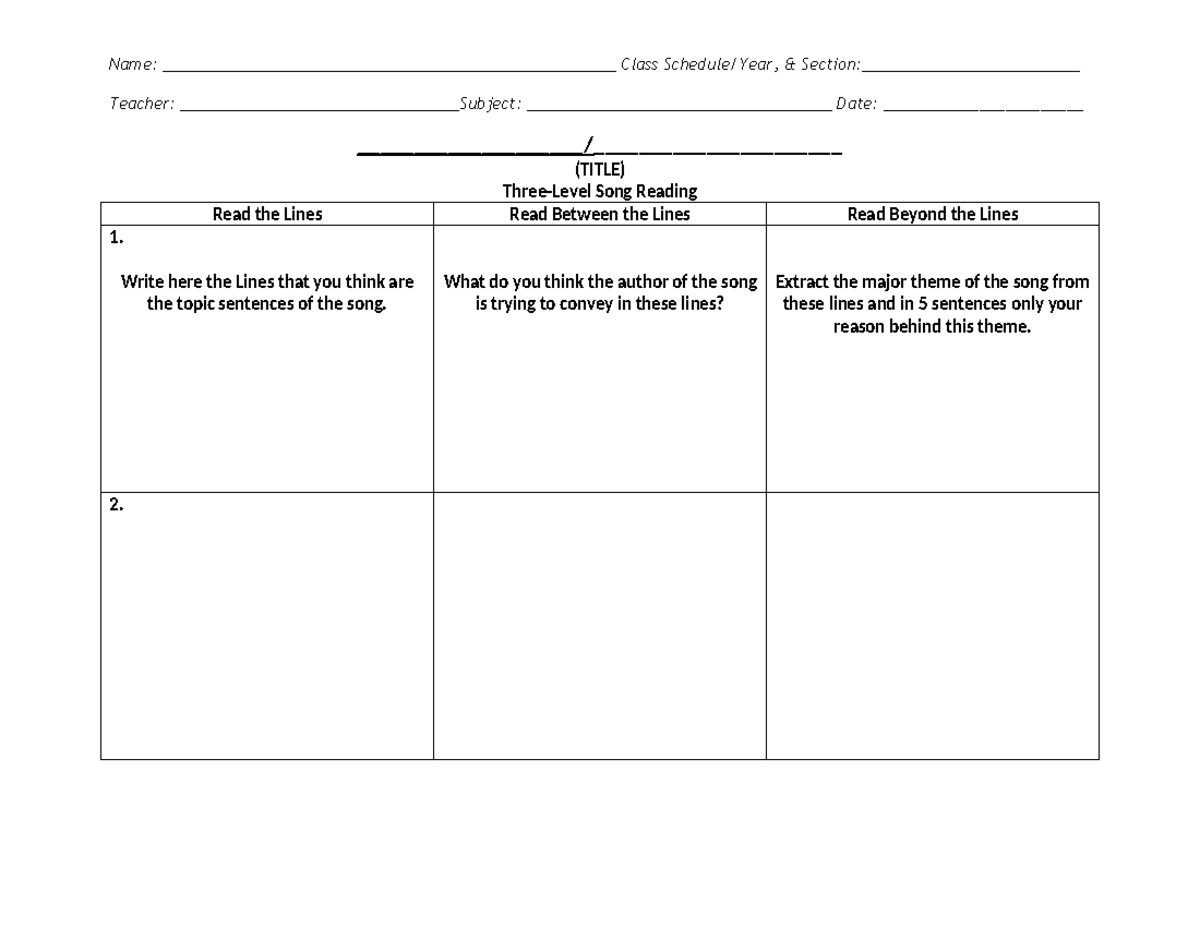 Song Three Levels 1 - NOTES - Name ...