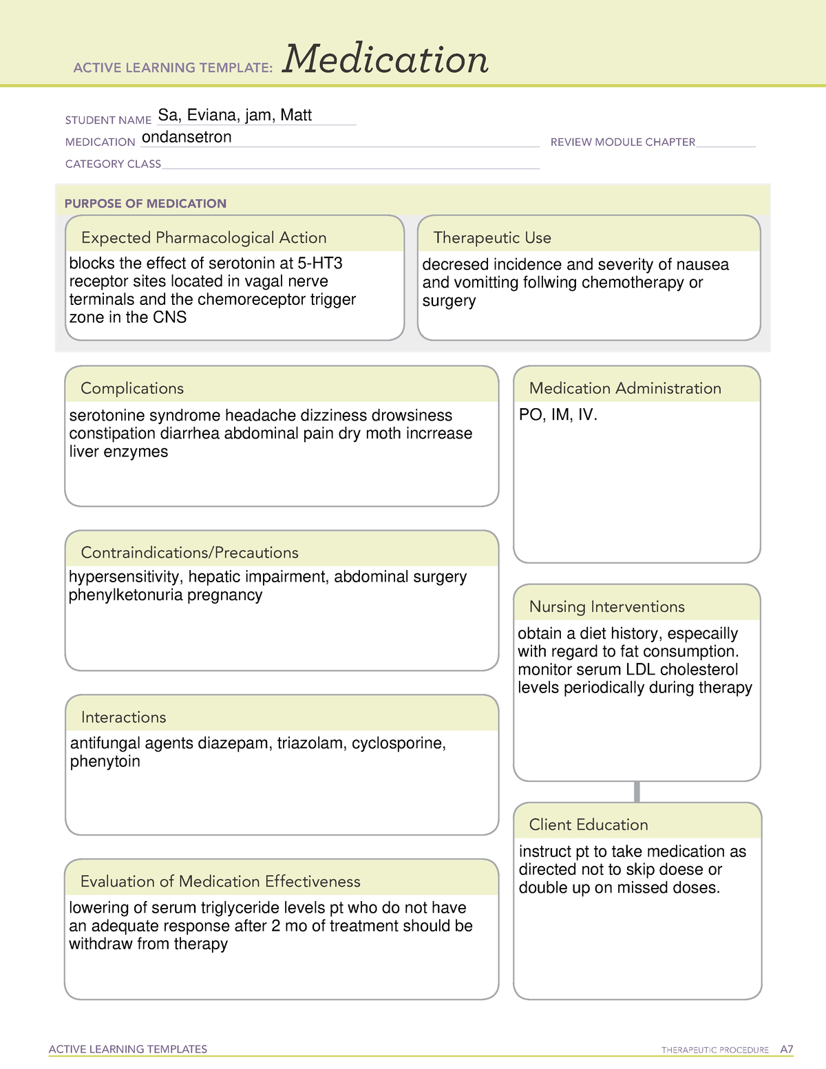 Ondansetron ACTIVE LEARNING TEMPLATES THERAPEUTIC PROCEDURE A