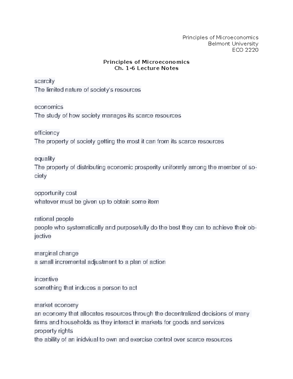 Principles of Microeconomics Ch. 1 - 6 Lecture Notes - Principles of ...