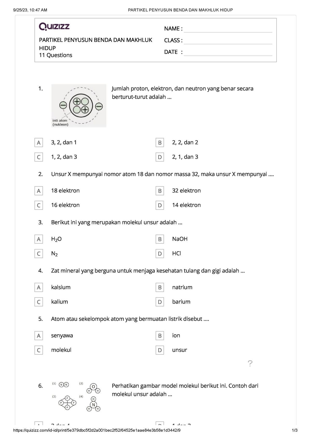 Quizizz Partikel Penyusun Benda Dan Makhluk Hidup Kls 9 92523 1047 Am Partikel Penyusun