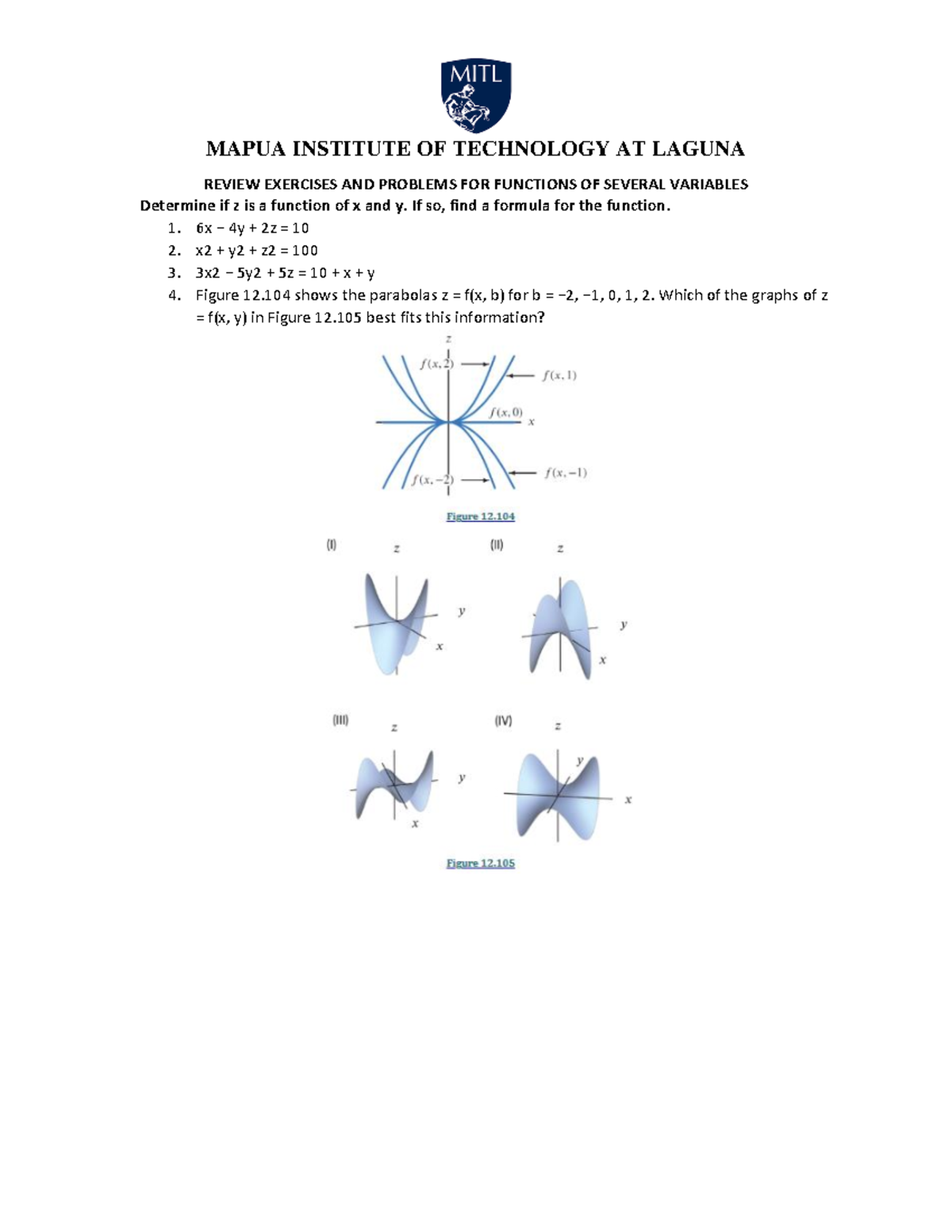 Functions OF Several Variables Problem Exercise PART 1 - MAPUA ...