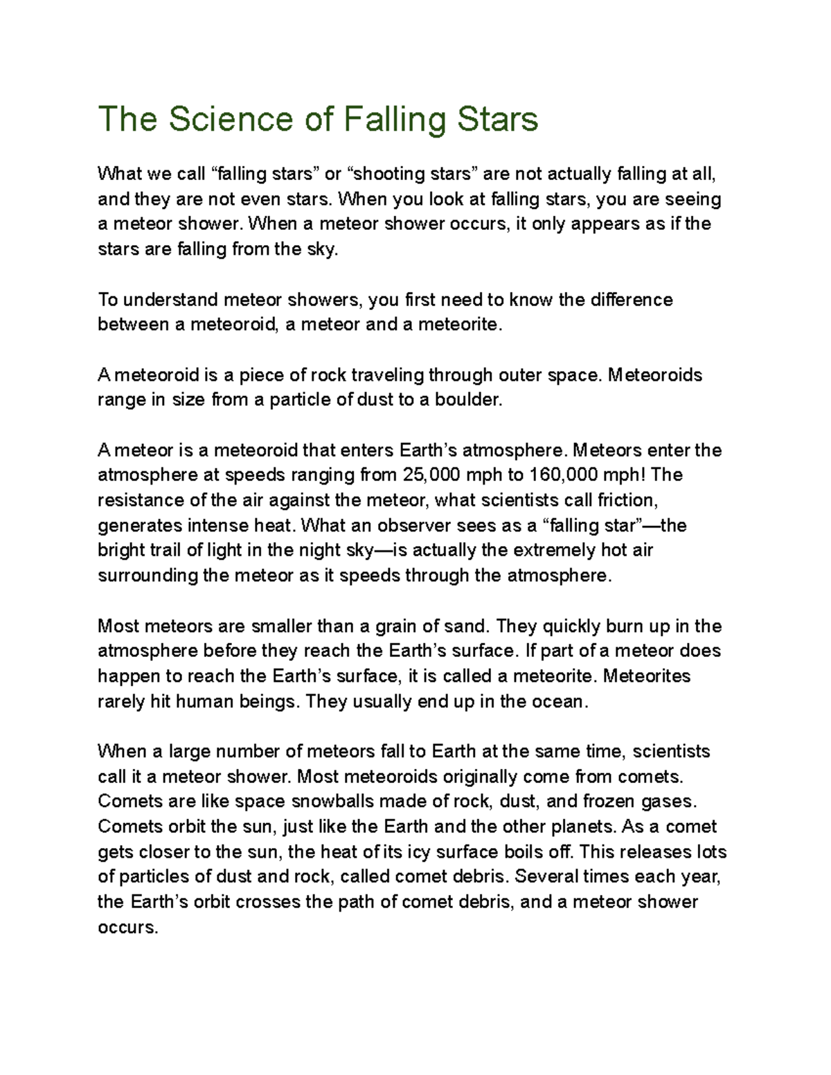 Science of Falling Stars (HS reading level) - The Science of Falling ...