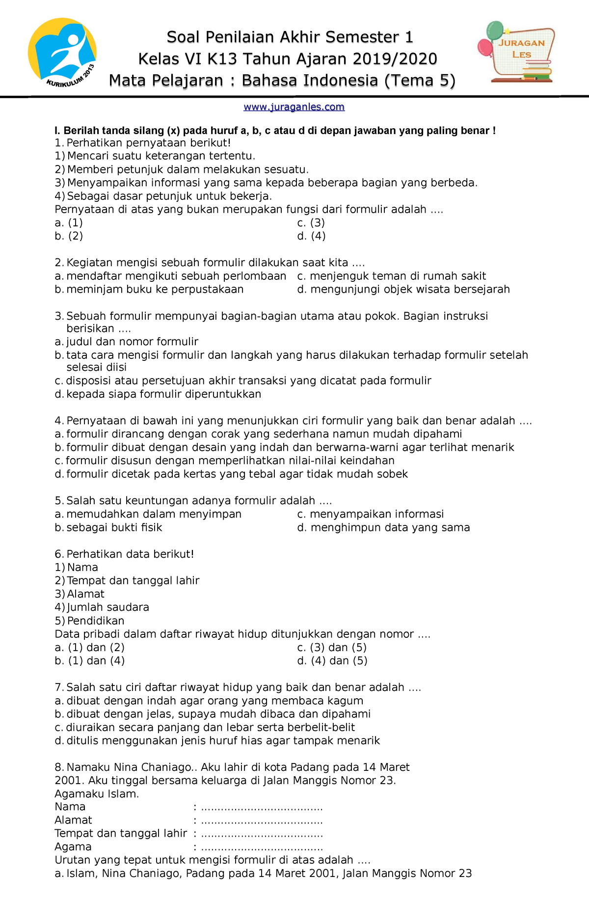 Soal Tematik Kelas 6 Tema 5 - Soal Penilaian Akhir Semester 1 Kelas VI ...