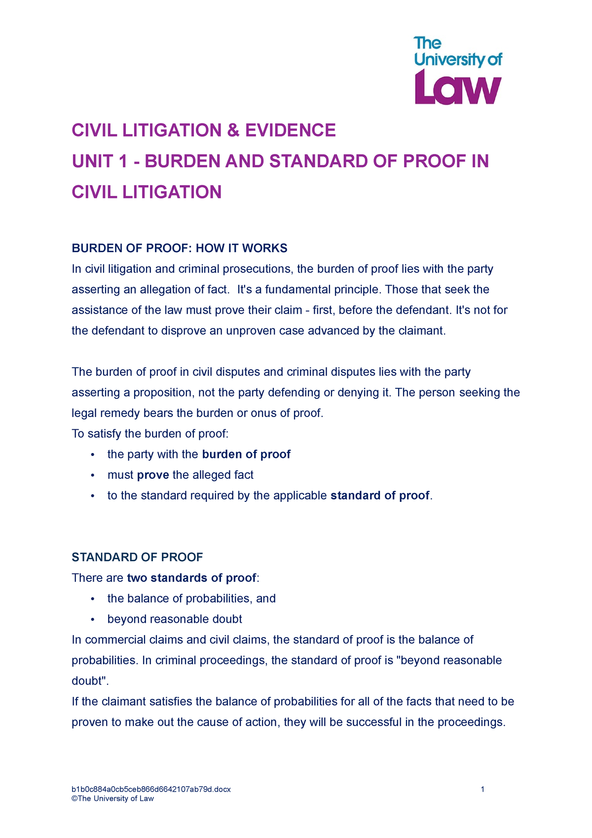 Burden And Standard Of Proof - CIVIL LITIGATION & EVIDENCE UNIT 1 ...