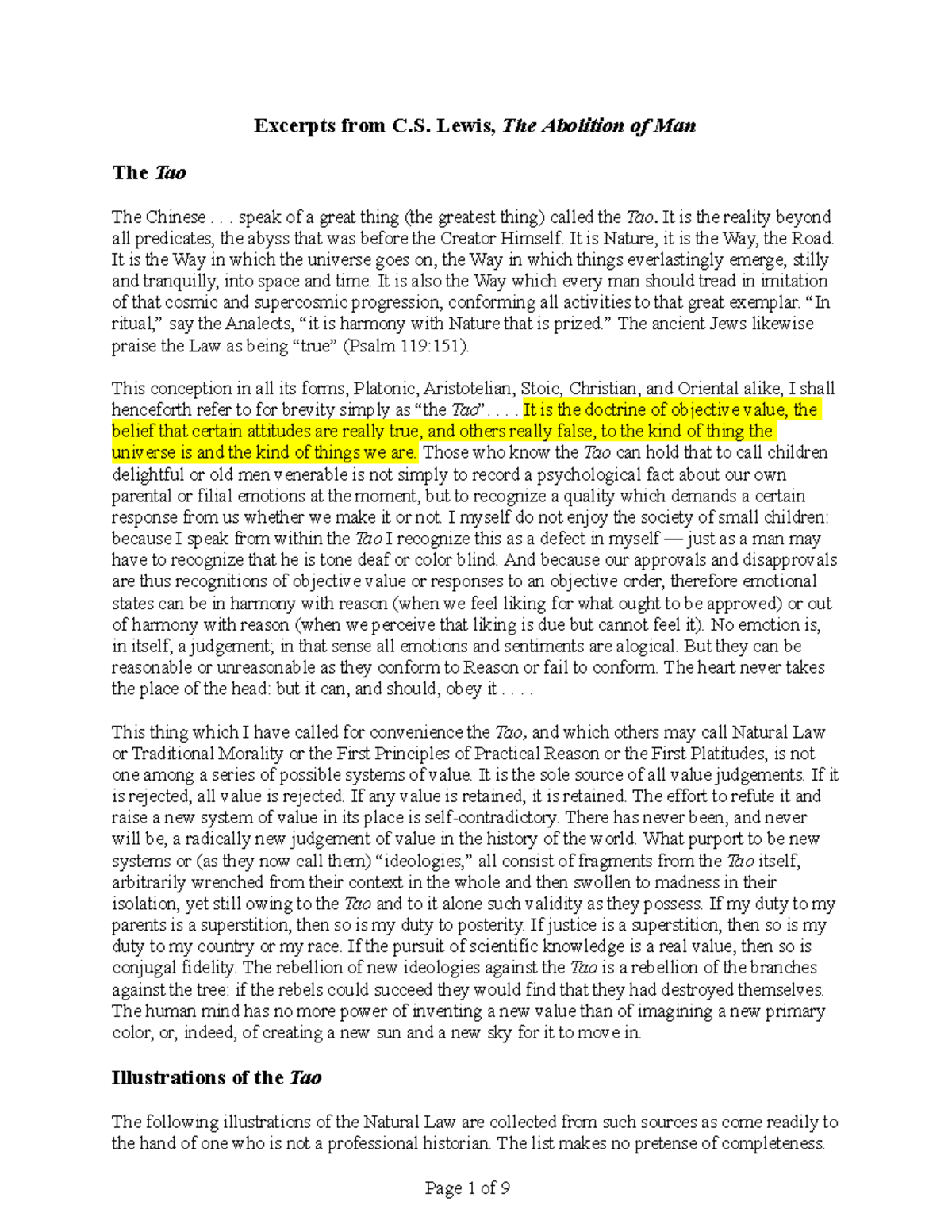 CS Lewis, The Tao Excerpts from C. Lewis, The Abolition of Man The