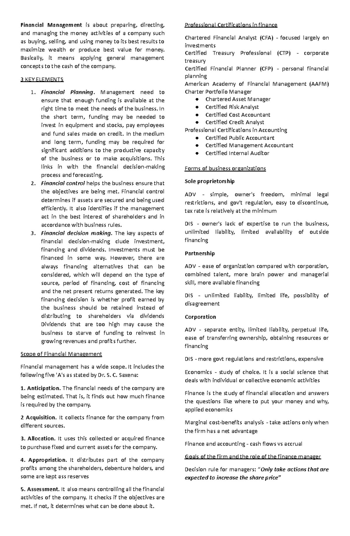 Finman - notes - Financial Management is about preparing, directing ...