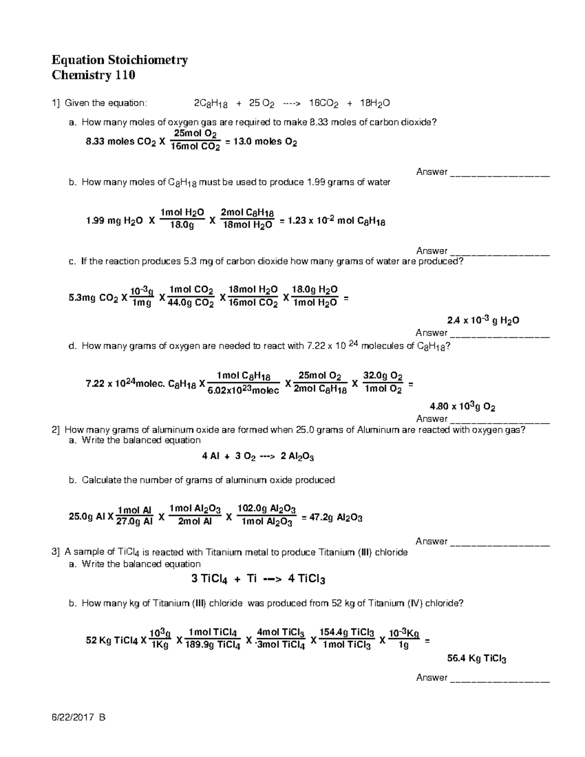 110 WS Equation Stoiciometry key - 6/22/2017 B Equation Stoichiometry ...