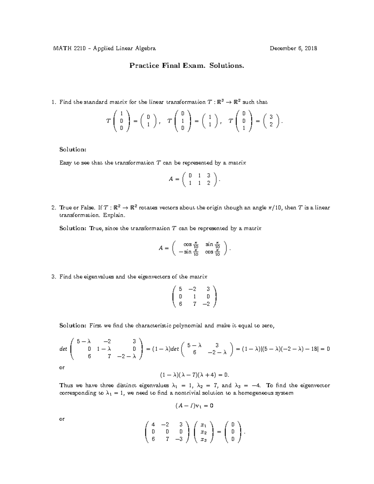 Exam Final Practice 2018 Sol - MATH 2210 – Applied Linear Algebra ...