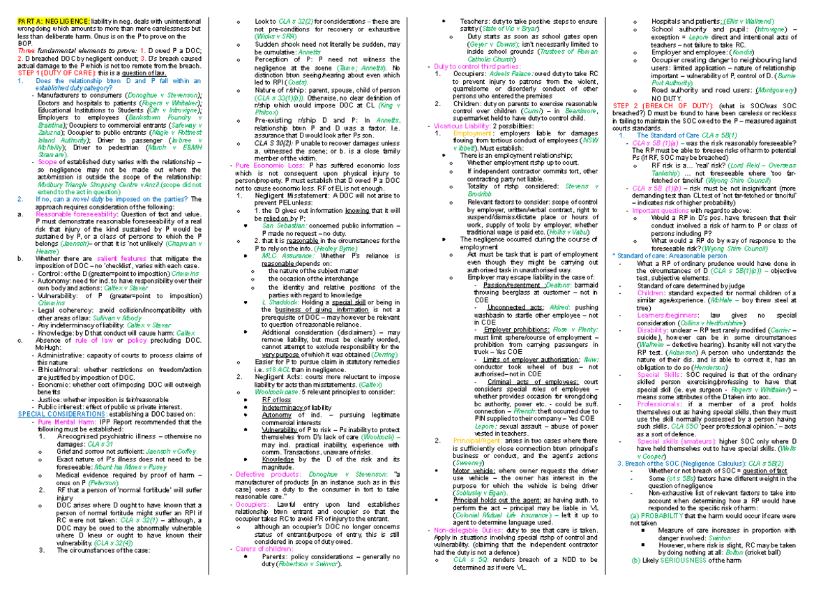 Final Exam Notes Part A Negligence Liability In Neg Deals With