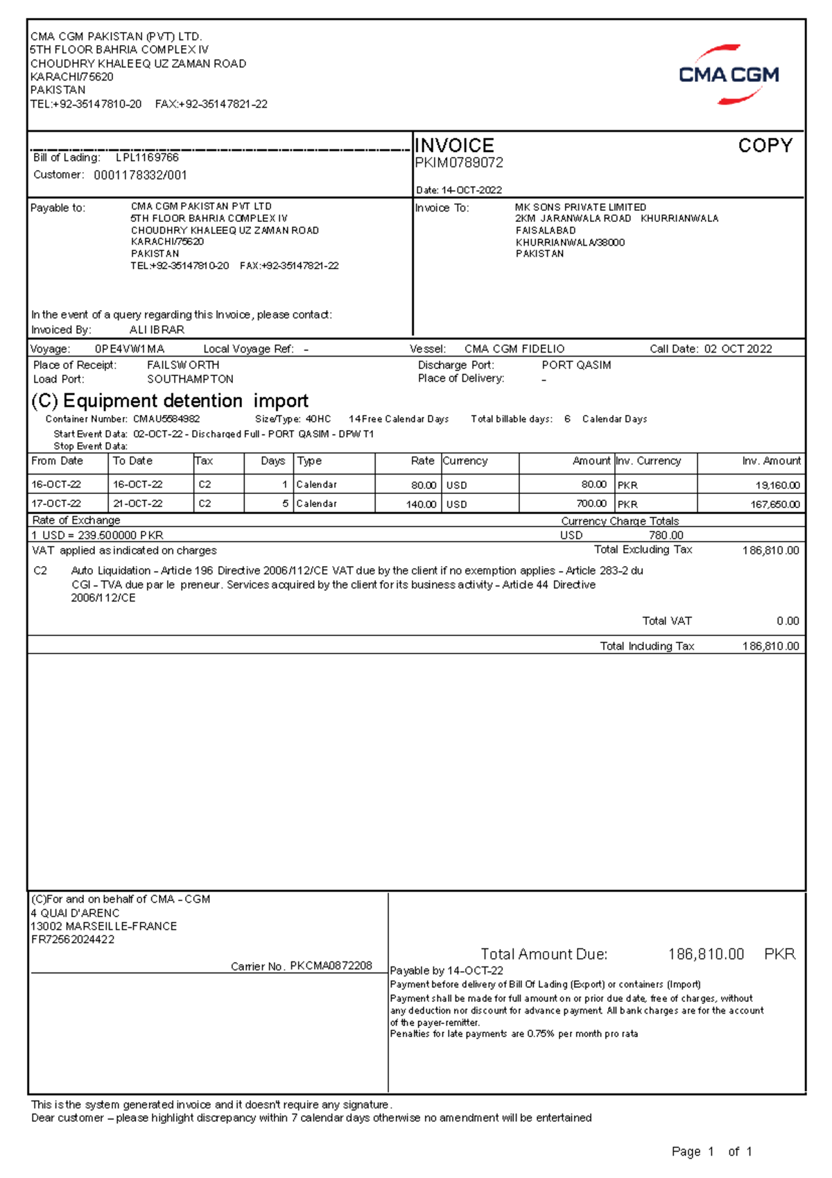 Final Container Detention Charges Page 1 of 1 186,810. C2 Auto