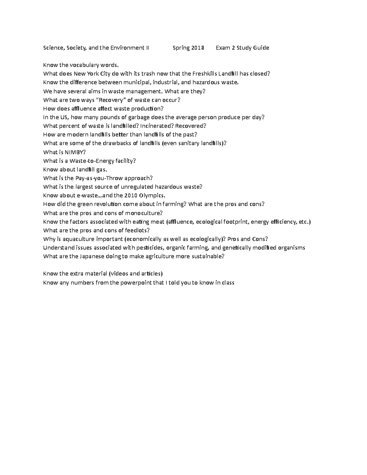 Exam 2 study guide - Science, Society, and the Environment II Spring ...