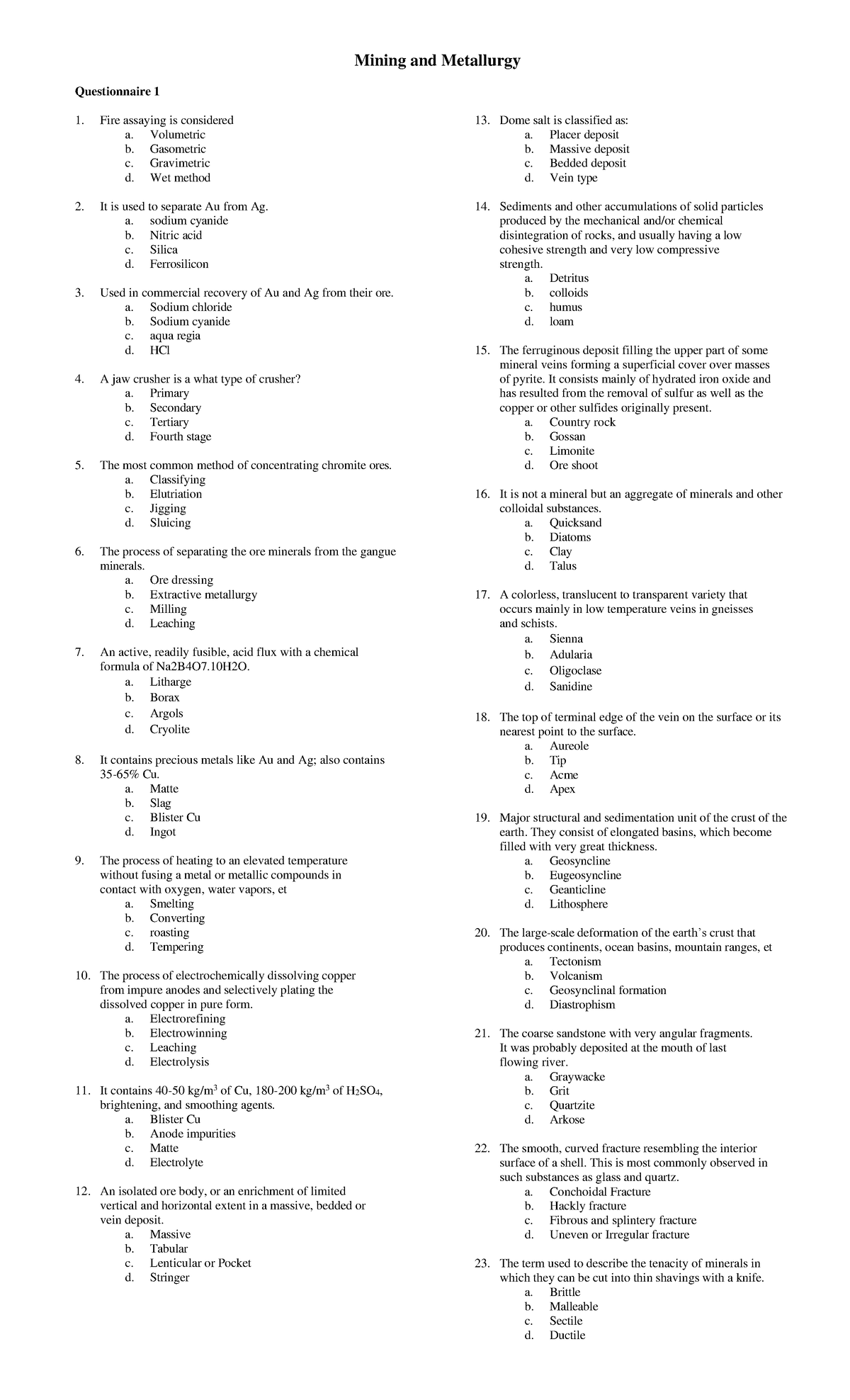 Q1 - Mining and Metallurgy - Mining and Metallurgy Questionnaire 1 Fire ...