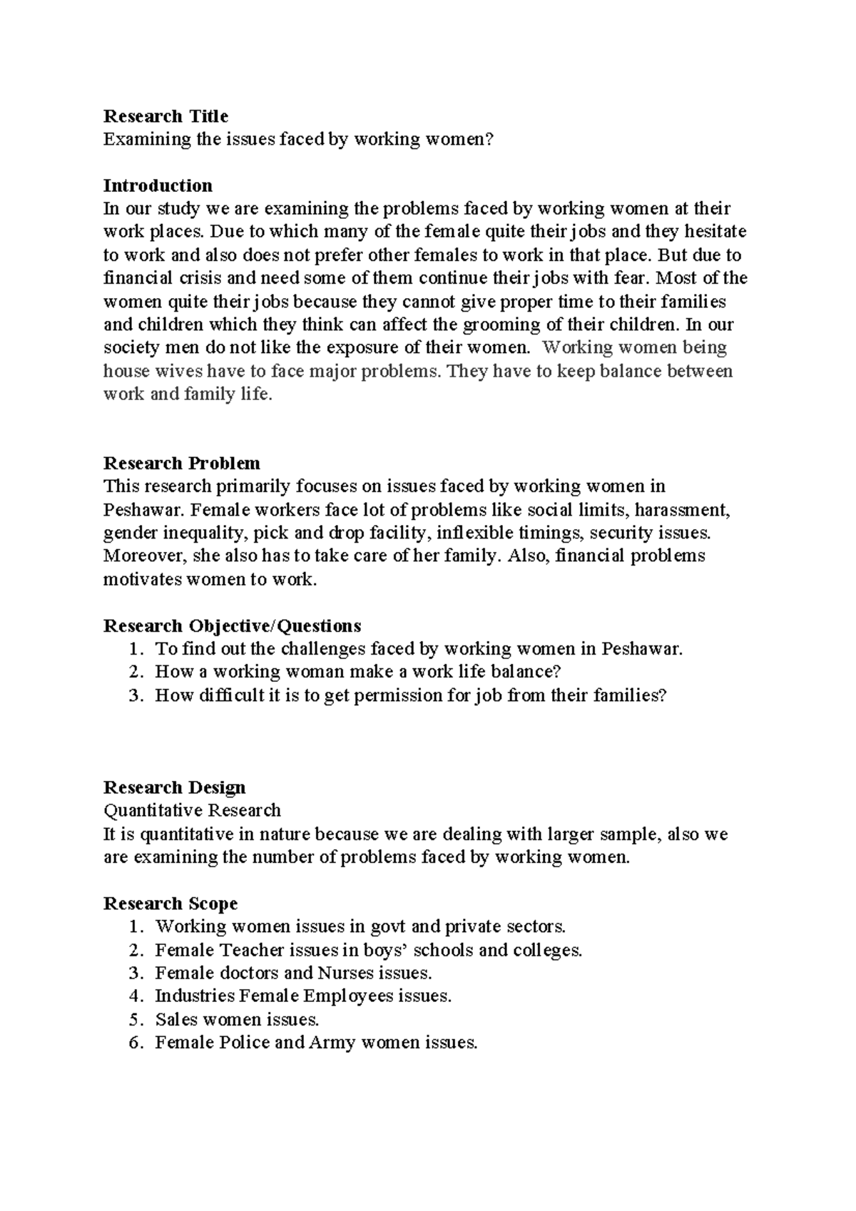 Examining the issues faced by working women F Research - Research Title ...