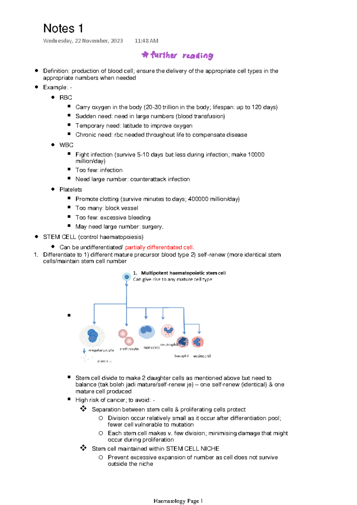 Notes 1 haematology - Definition: production of blood cell; ensure the ...