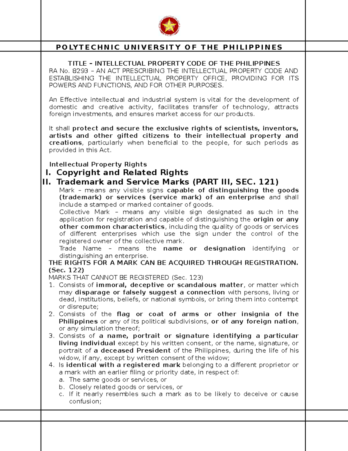 IP LAW IP LAW TITLE INTELLECTUAL PROPERTY CODE OF THE PHILIPPINES